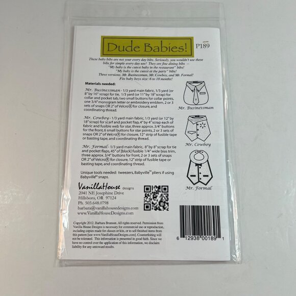 Dude Babies Little Man Bibs Pattern Vanilla House 6-18 Months 3 Versions UNCUT - Picture 4 of 6